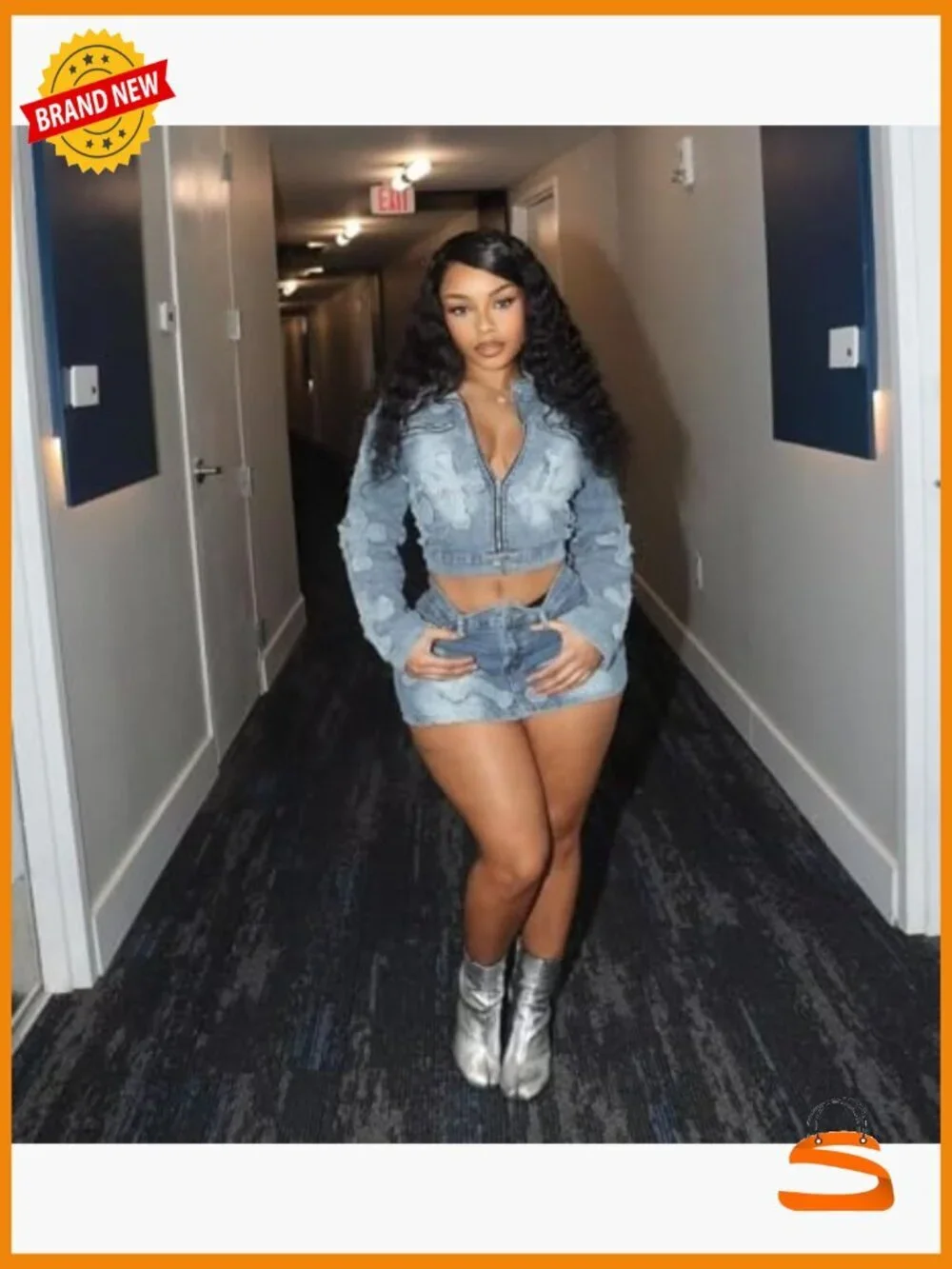 2 Piece Denim Skirt Set Long Sleeve Zip Up Jacket Mini Skirt Bodycon Y2K Outfit